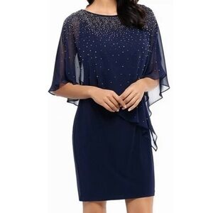 Xscape navy chiffon bead overlay cocktail dress 16